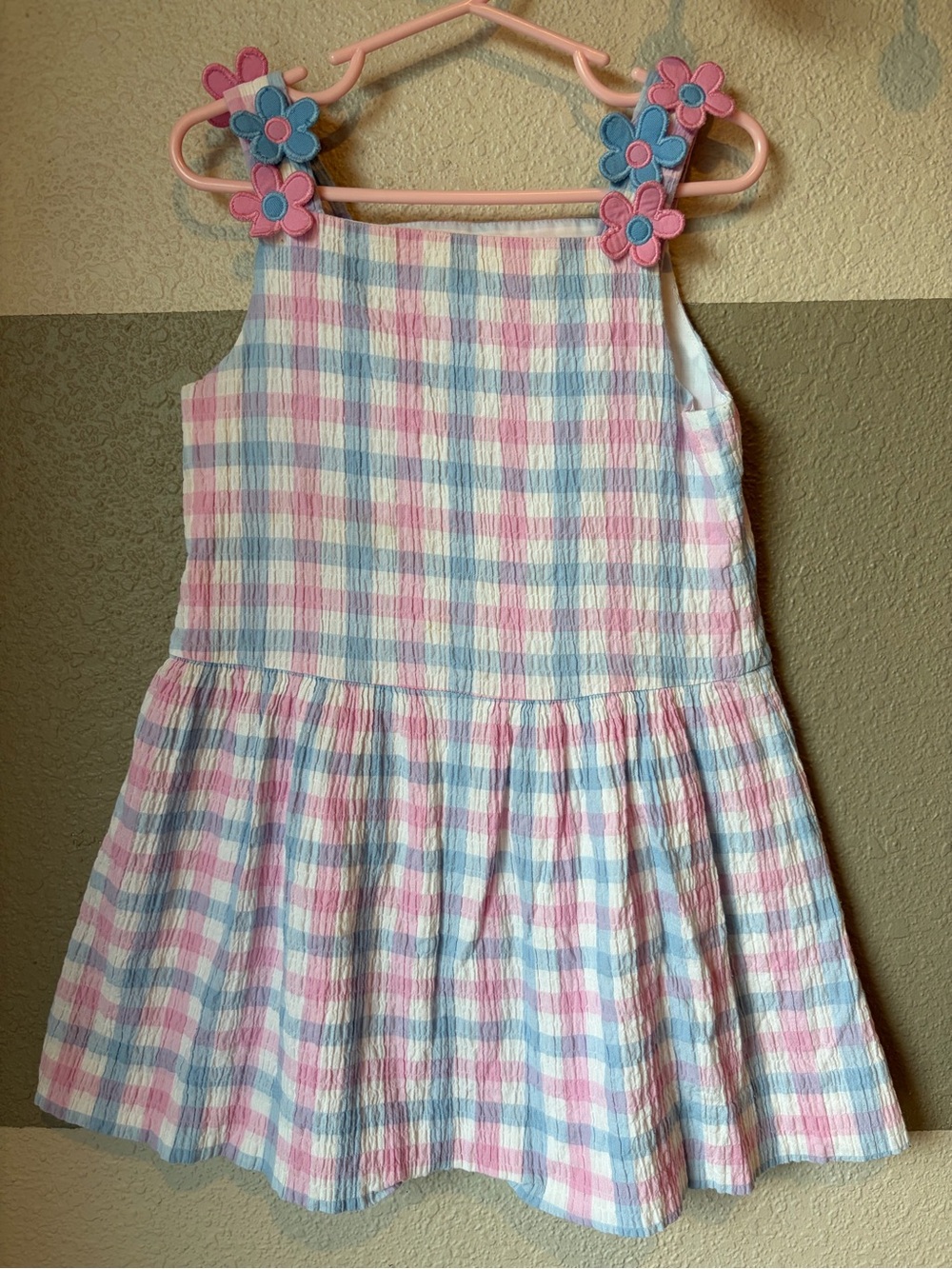 Florence Eiseman Girls 5 Gingham Floral Flower Appliqué Sundress Dress Pink Blue